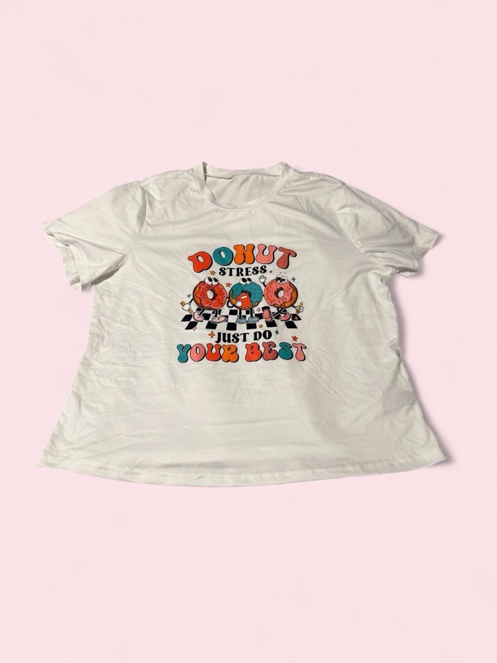 SHEIN White Graphic Tee with Colorful Donut Print